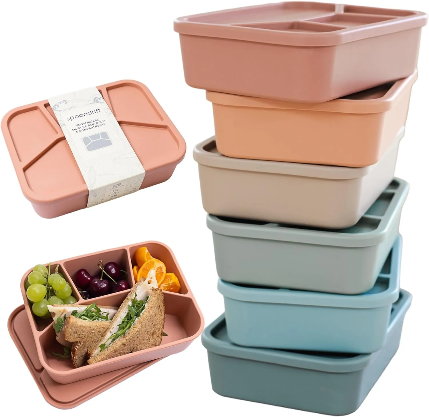 Lunchbox, 100% Food Grade Eco-Friendly Leak-Proof Silicone Bento Box, 4 Compartment, 6 Colors