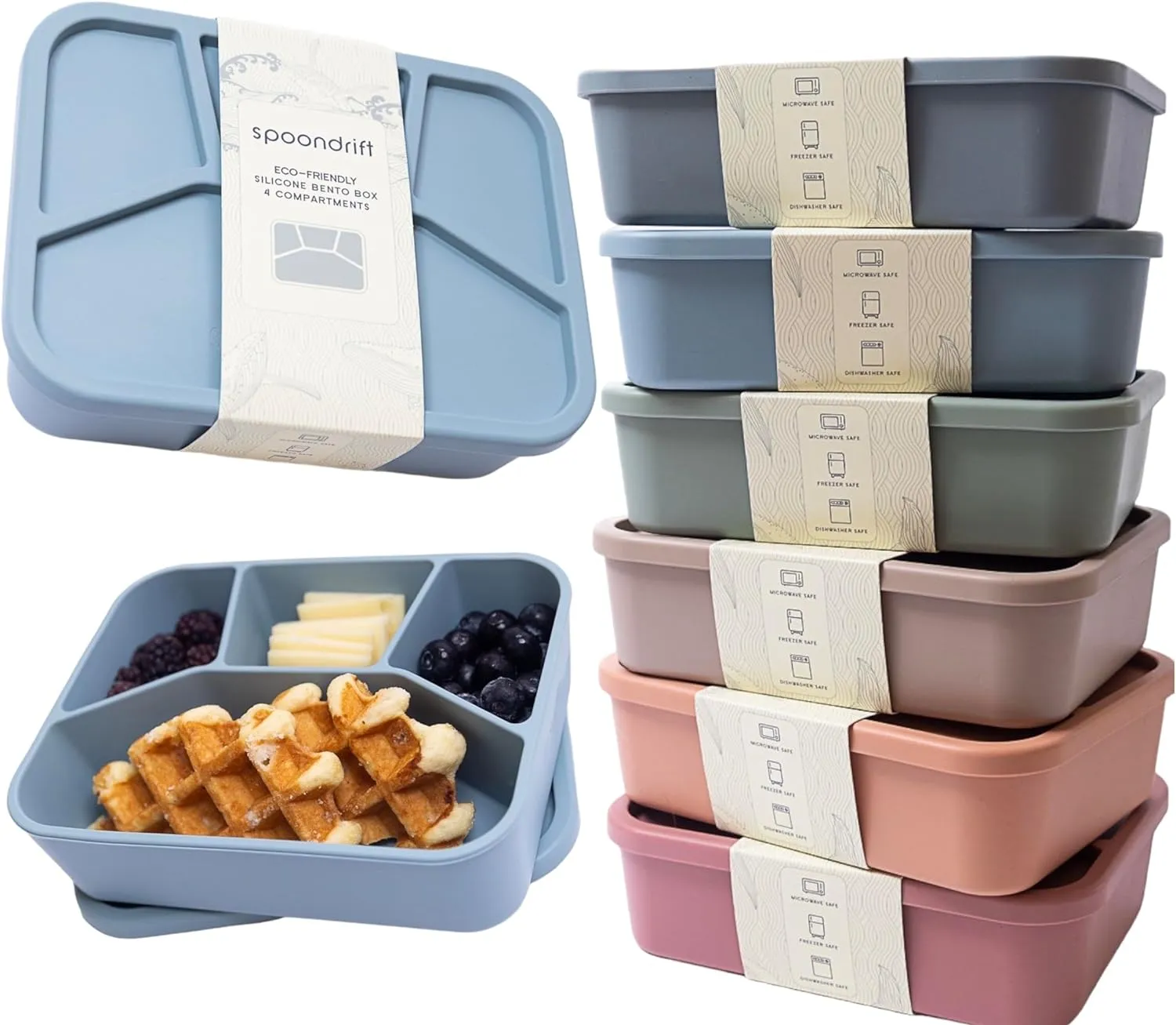 Lunchbox, 100% Food Grade Eco-Friendly Leak-Proof Silicone Bento Box, 4 Compartment, 6 Colors