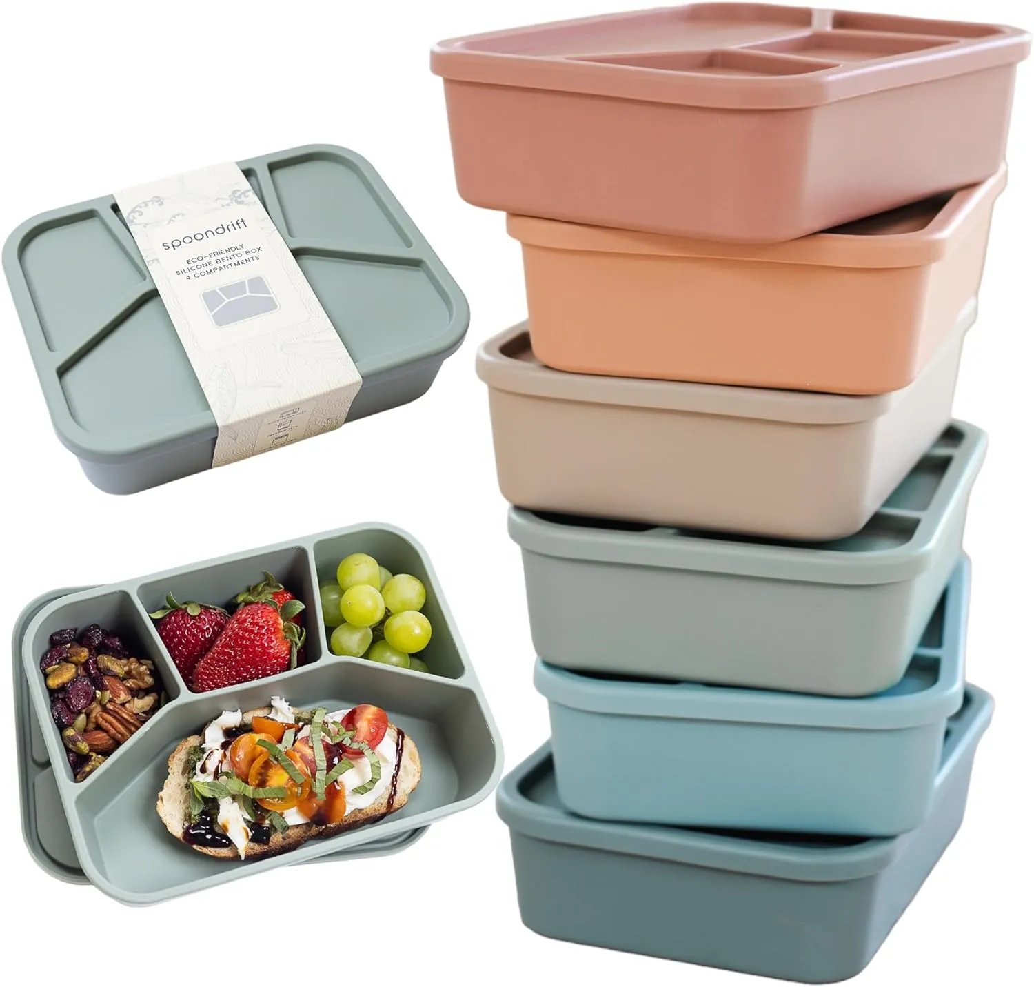 Lunchbox, 100% Food Grade Eco-Friendly Leak-Proof Silicone Bento Box, 4 Compartment, 6 Colors