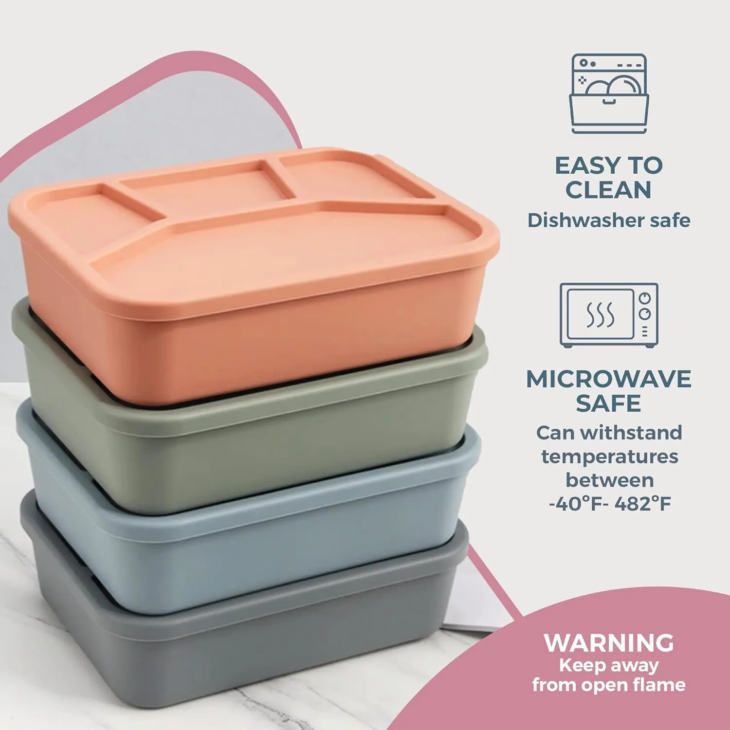 Lunchbox, 100% Food Grade Eco-Friendly Leak-Proof Silicone Bento Box, 4 Compartment, 6 Colors