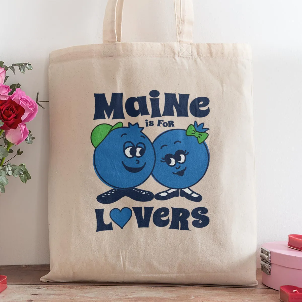 Maine is for Lovers Retro Blueberries Large Canvas Tote Bag Grocery Totes