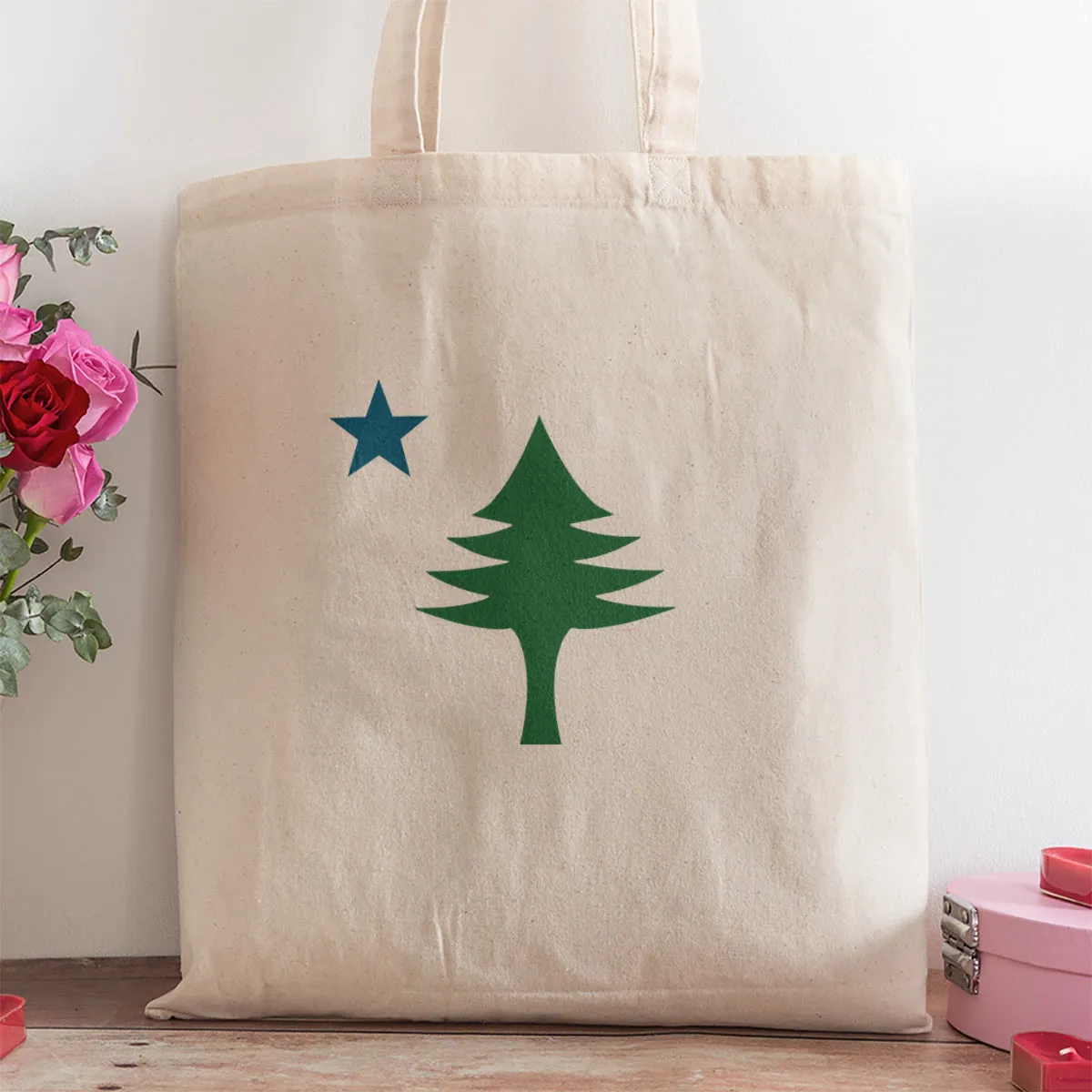 Maine State Pine Tree & Star Large Canvas Tote Bag Grocery Totes