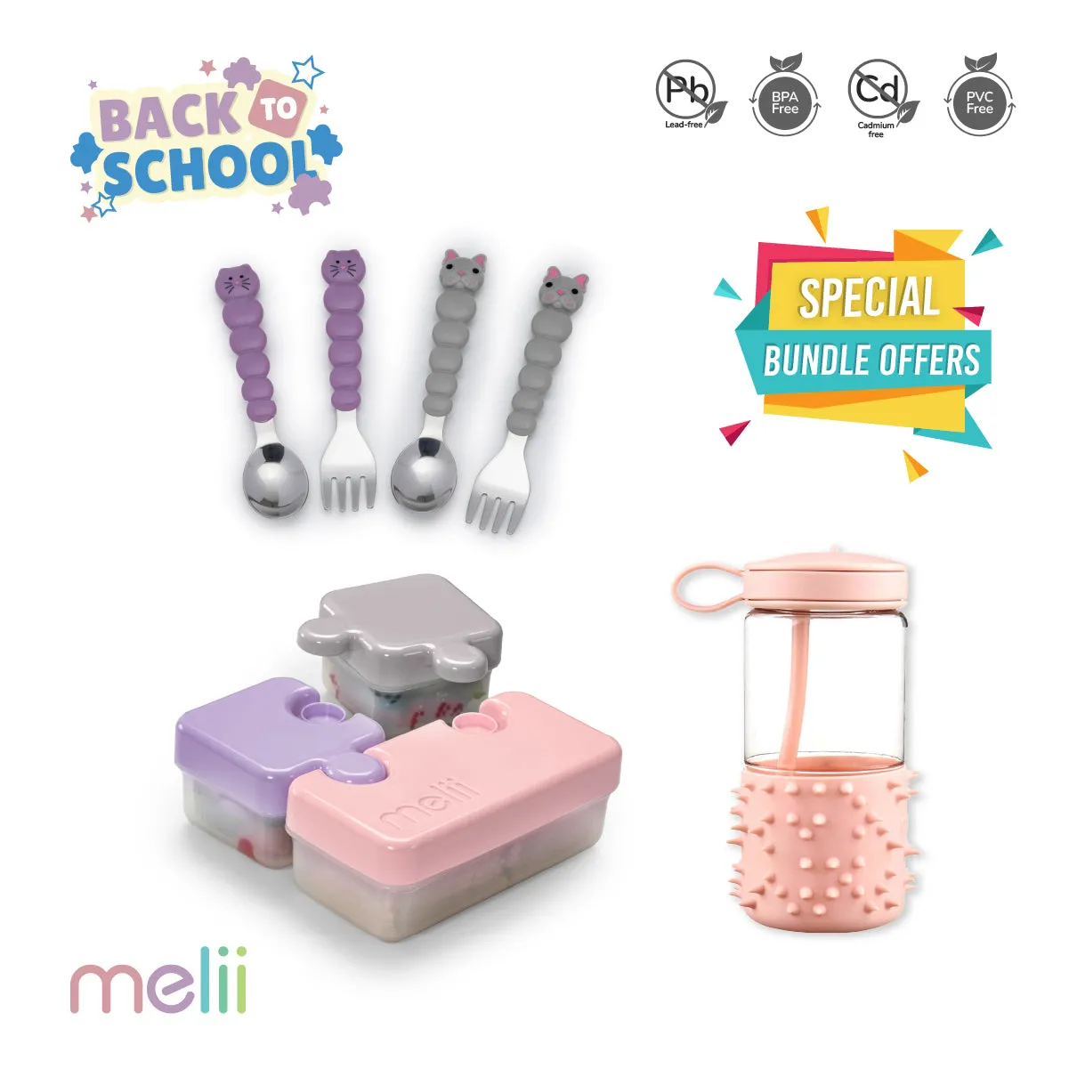 Melii Back to School Bundle - Puzzle Food Container (Pink, Purple, Grey), Spikey Water Bottle (Pink, 17 oz), Spoons & Forks Set (Purple Cat & Grey Bulldog, 4 Pcs) - BPA Free, Durable, Fun Designs