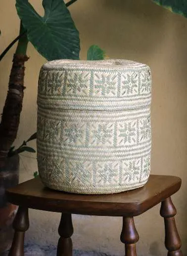 Natural and Sage Woven Palm Baskets with Lid