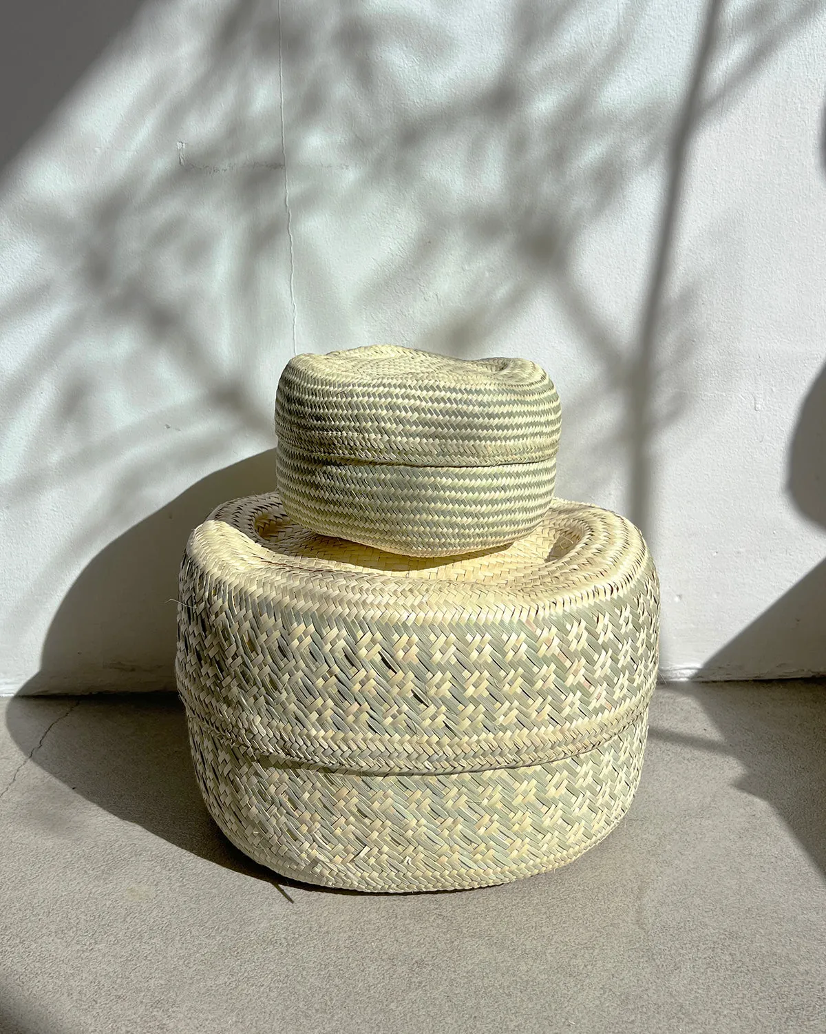 Natural and Sage Woven Palm Baskets with Lid