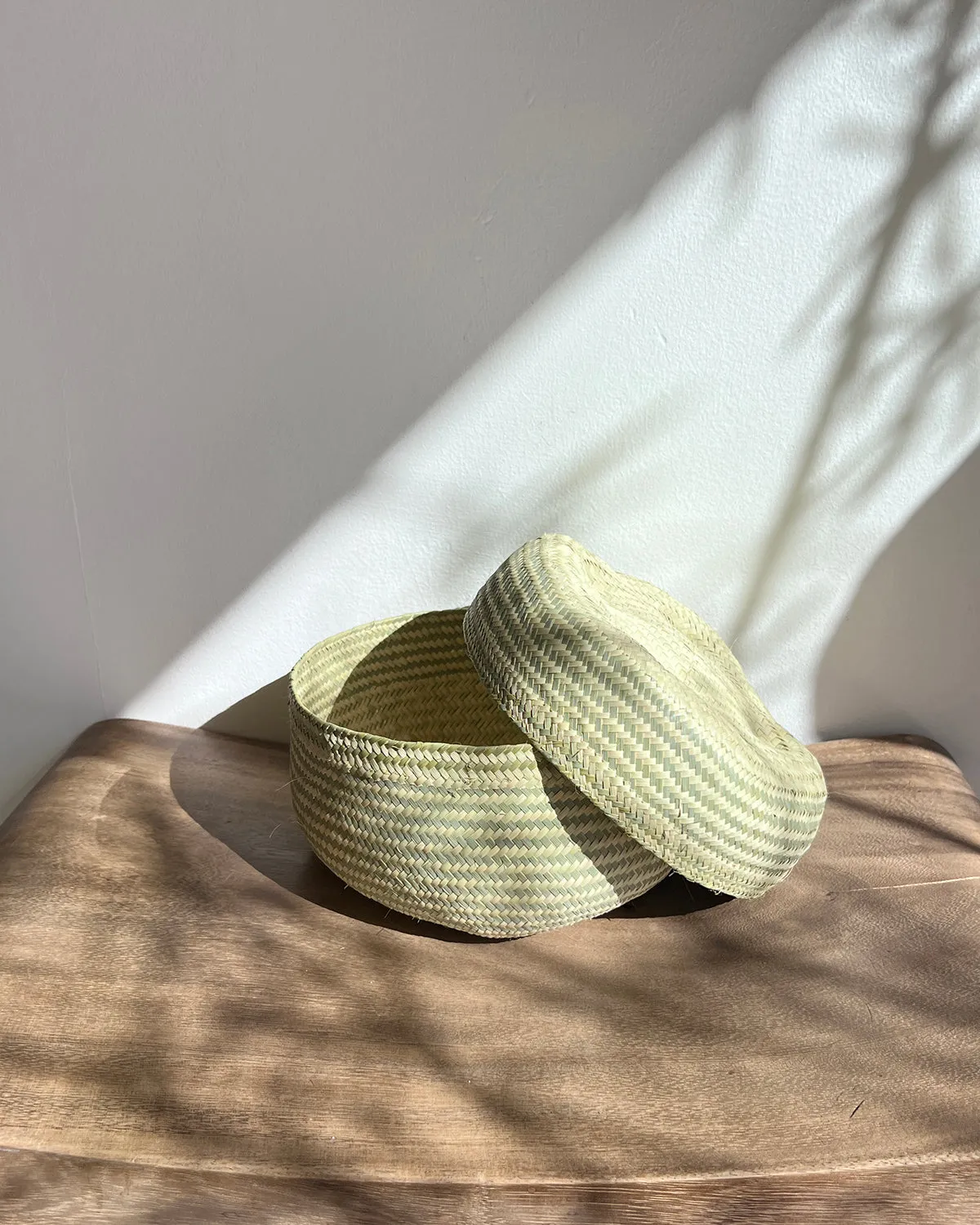 Natural and Sage Woven Palm Baskets with Lid