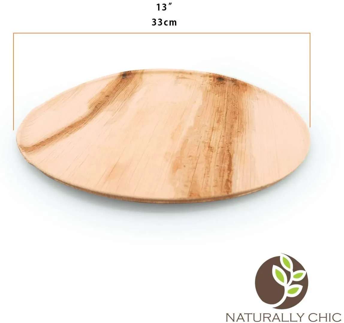 Naturally Chic Palm Leaf Compostable Serving Trays - 13” Round, Biodegradable Disposable Eco Friendly Bamboo Like Trays for Weddings, Parties, BBQs, Events (100 Pack)