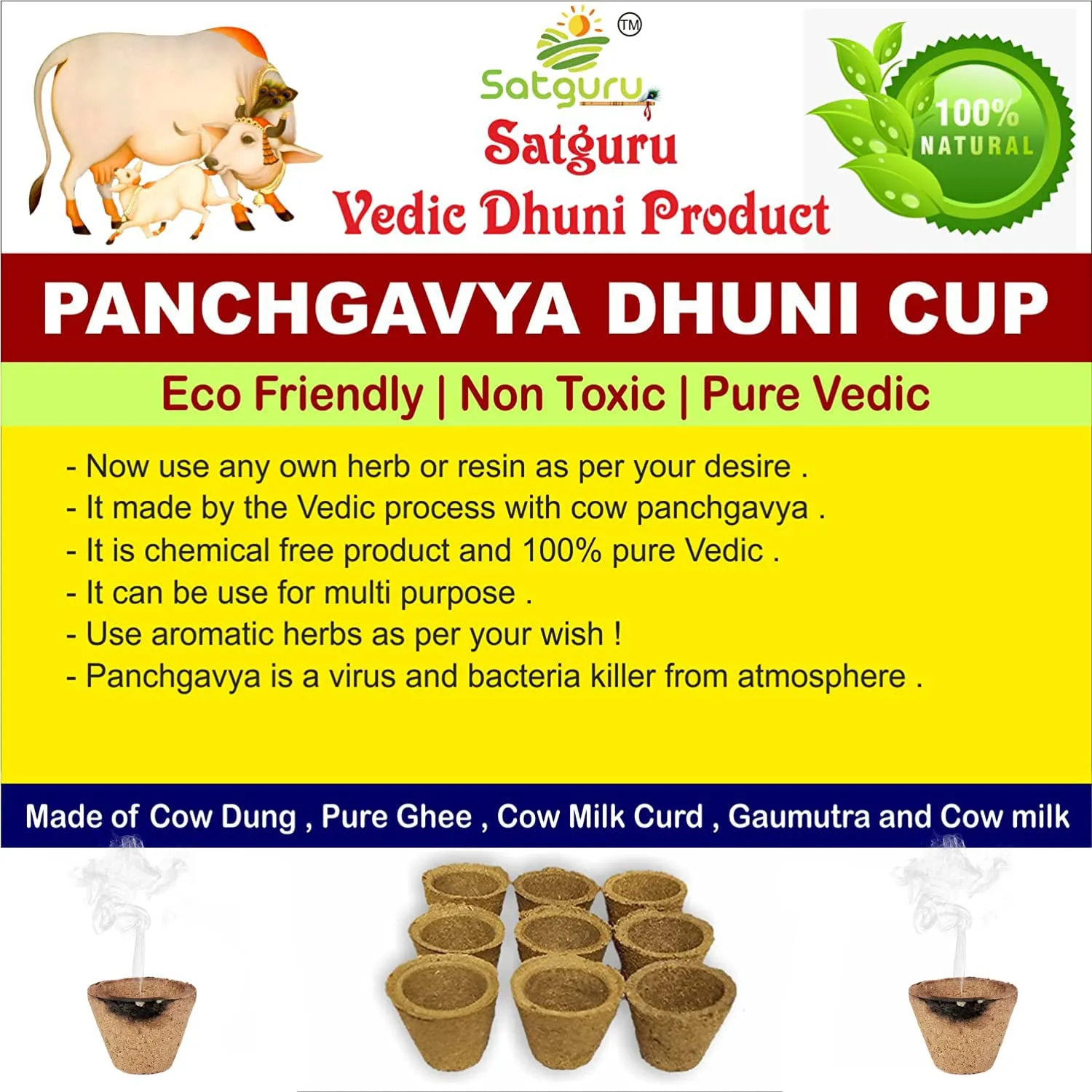 Satguru Cow Panchgavya Dhuni Cups (Empty), Natural Cow Dung Sambrani Dhoop Cups (200 Pieces)