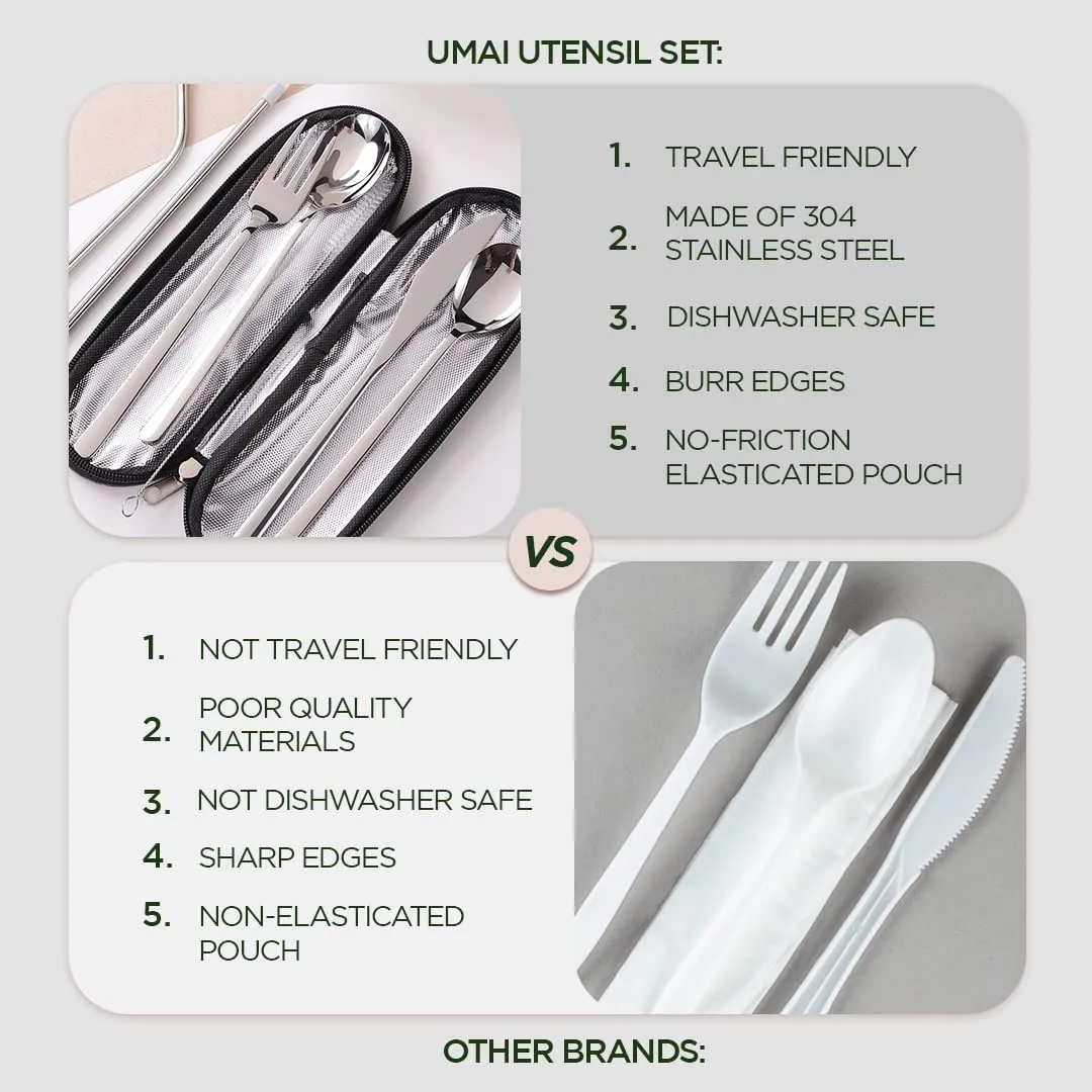 UMAI Portable 8-Piece Stainless Steel Food-Grade Utensil Set - Travel-Friendly | Camping Cutlery | Reusable | Easy to Carry | Ideal for All Occasions | Durable and Practical (Silver)