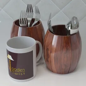 Wooden Twist Panzer Round Shaped Sheesham Wood Cutlery Holder & Spoon Holder Eco-Friendly Kitchen Organizer ( Set of 2 )